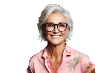 Middle-aged woman with playful smile, wearing heart-shaped glasses, isolated on white background.