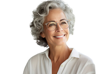 Fototapeta premium Portrait of an elderly woman with a calm smile, isolated on a white background.