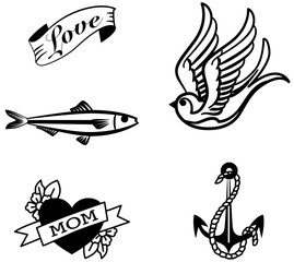 Classic style vector outline tattoos. Black and white simple design, Love, swallow, anchor, sardine, mom