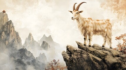 Obraz premium Chinese Zodiac Goat in Gentle Earth Tones: A serene goat, depicted in gentle earth tones, standing on a mountain with traditional Chinese landscape elements. 