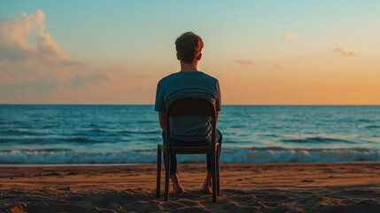 Unhappy man sits alone on a chair on the beach and watches the sea. View taken from behind.