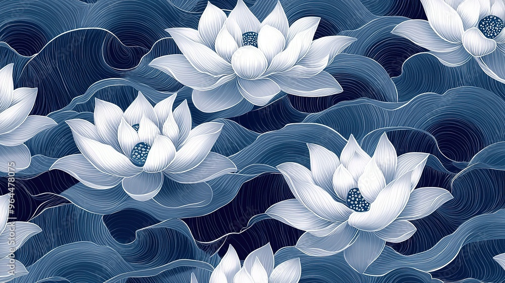 Poster white lotus flowers and swirling blue lines