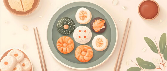 A flat illustration of traditional Chuseok foods, featuring songpyeon rice cakes filled with sesame seeds, beans, and chestnuts, alongside various jeon pancakes. Soft pastel colors