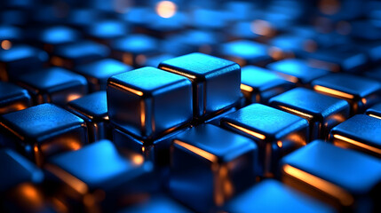 A close-up of shiny blue cubes arranged in a grid, creating a modern, digital aesthetic.