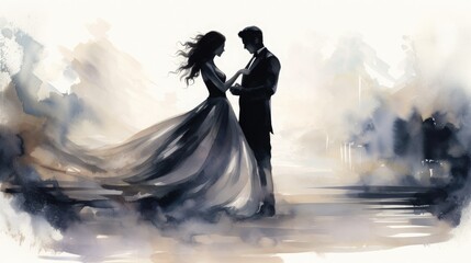 A romantic silhouette of a couple dancing, surrounded by soft, ethereal colors, evoking love and intimacy.