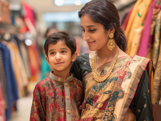 Indian Mother and Young Son Shopping for Garments Together in a Modern Mall Setting