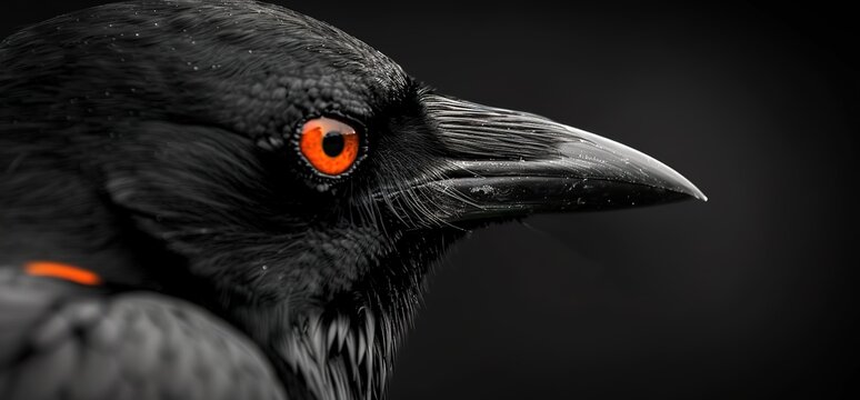 Close up portrait of a black crow with red eyes. The crow's beak is sharp and pointed. The bird's feathers are glossy and black. The background is dark and blurry.