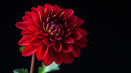 A single, deep red dahlia flower stands out against a black background. Its vibrant colors are highlighted by the studio lighting. The close-up shot reveals the intricate details of this summer bloom.