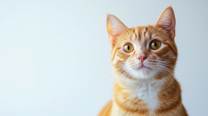 A cat with a bright yellow face sits on a white backdrop.  It has a sweet, friendly look.