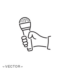 press conference icon, interview, journalism and reporting, hand holding interview microphone, thin line symbol isolated on white background, editable stroke eps 10 vector illustration