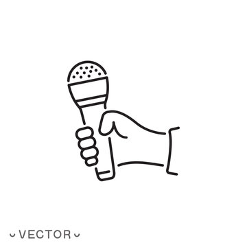press conference icon, interview, journalism and reporting, hand holding interview microphone, thin line symbol isolated on white background, editable stroke eps 10 vector illustration