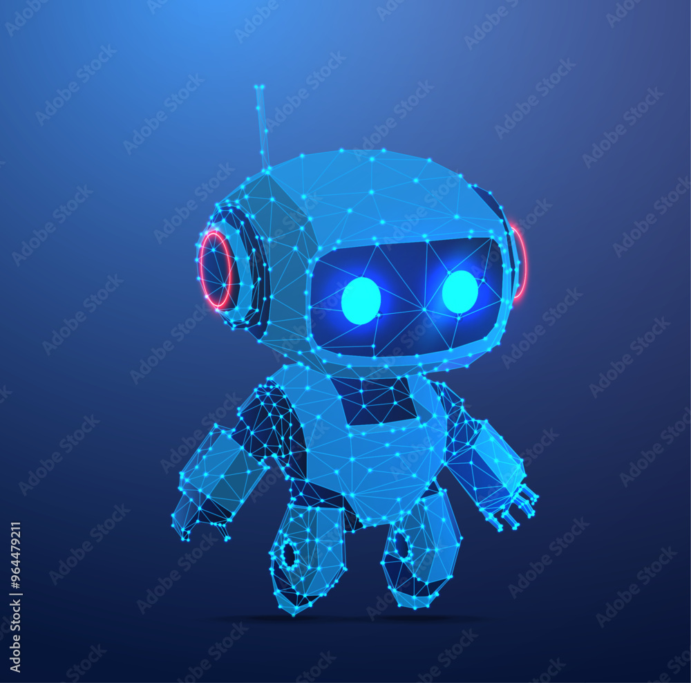 Poster ector illustration of a futuristic robot made of glowing digital grid lines. the design emphasizes t