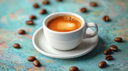 A freshly brewed cup of espresso, surrounded by coffee beans on a textured turquoise background, ideal for coffee lovers.