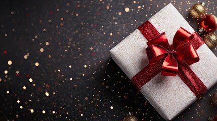 Obraz premium Festive gift box with a red ribbon on a sparkling background, perfect for holiday celebrations and cheerful occasions.