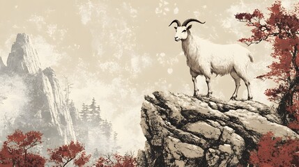 Chinese Zodiac Goat in Gentle Earth Tones: A serene goat, depicted in gentle earth tones, standing on a mountain with traditional Chinese landscape elements.
