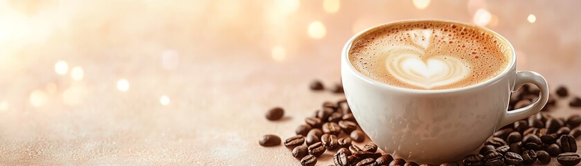 Obraz premium A warm cup of coffee on a bed of roasted beans, perfect for cozy mornings and delightful coffee moments.