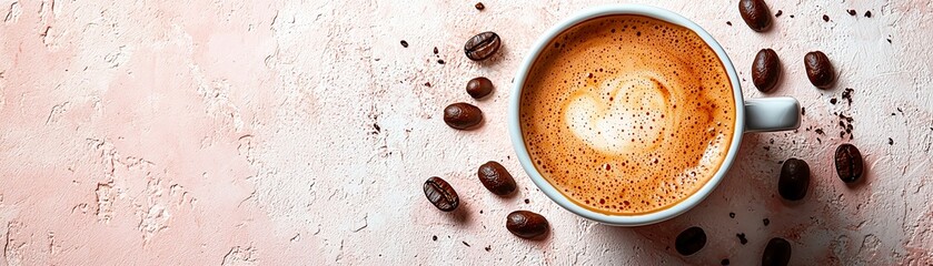 A warm cup of coffee with frothy milk, surrounded by coffee beans, set against a pink background. Perfect for coffee lovers.