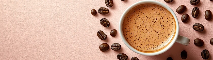 A close-up of a creamy coffee cup surrounded by scattered coffee beans on a soft pink background.
