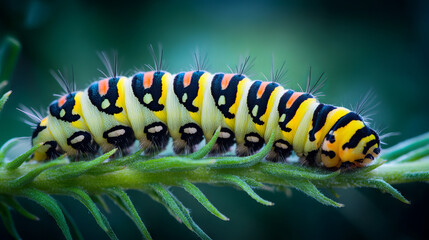 Fototapeta premium A stunning close-up shot of a swallowtail butterfly caterpillar. It will eventually transform into a beautiful monarch butterfly.
