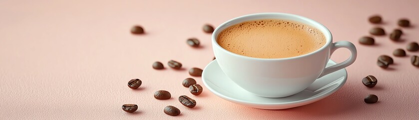 Fototapeta premium A cozy cup of coffee resting on a saucer, surrounded by scattered coffee beans, perfect for a warm morning vibe.