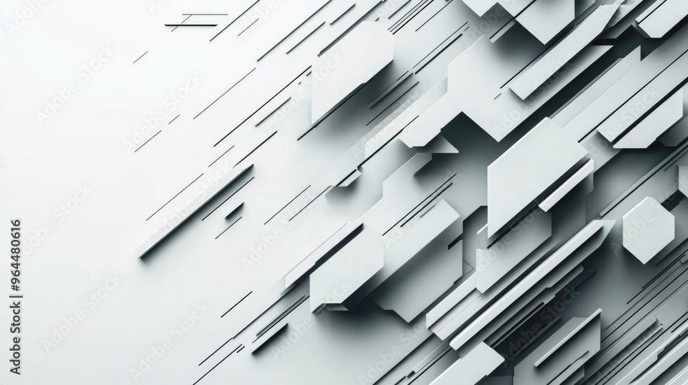 Poster a geometric, high-tech design with sharp gray arrows pointing forward on a white background, represe