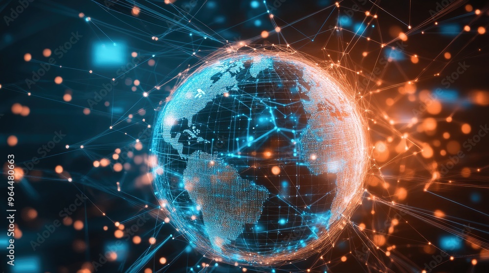 Poster a glowing globe surrounded by interconnected lines and digital data streams, illustrating global int