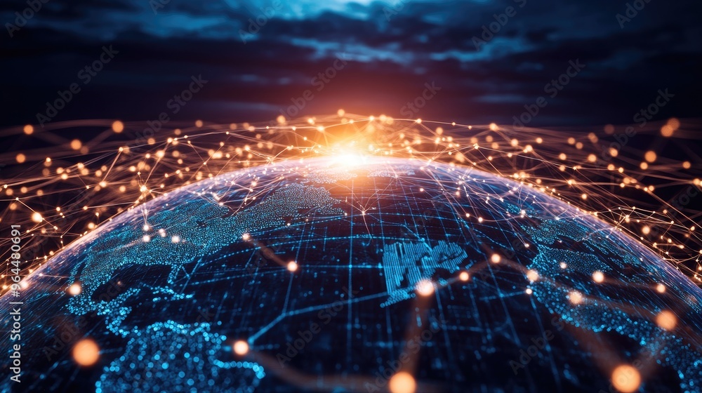Poster a glowing globe surrounded by interconnected lines and digital data streams, illustrating global int