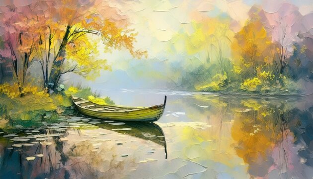 A misty natural scene where a boat tied to a post. A nice natural scene. Oil color painting illustration.