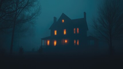 A haunted house on a dark, foggy night, with eerie lights glowing from the windows and creepy silhouettes in the background.