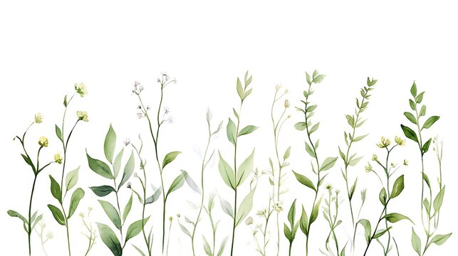 Minimalist watercolor botanical illustration featuring delicate green leaves and wildflowers on a clean, white background.