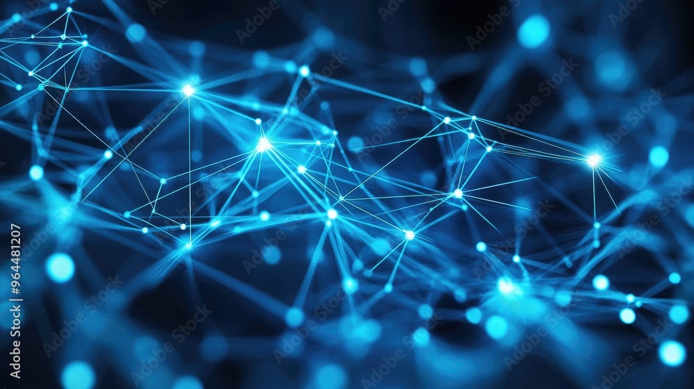 Poster a mesh of blue and white digital lines connecting various nodes, illustrating a networked world and 