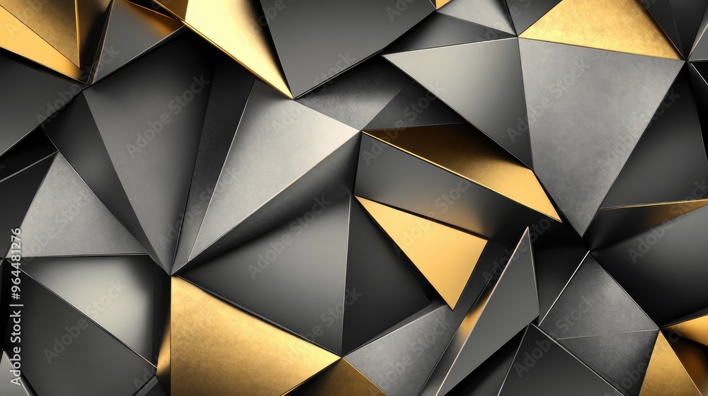 Poster a metallic-themed geometric background with sharp, silver and gold triangles intersecting for a high