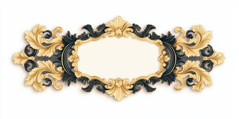 A vintage label with ornate swirls and a blank center for customization, designed in gold and black