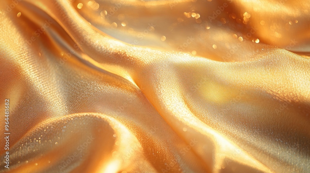 Poster a shimmering golden fabric texture illuminated by soft light, with bokeh sparkles adding a glamorous