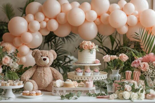 Chic baby shower party setup. A beautifully decorated baby shower table with floral arrangements, cakes, and a plush teddy bear. Perfect for event planning and celebration themes.