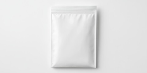A white, glossy paper pouch with a zipper, laying flat on a simple white background, ready for branding