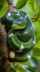 Emerald green anaconda in tree