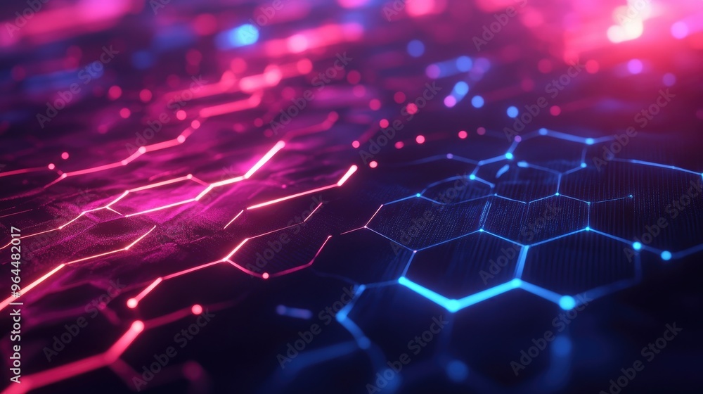 Poster a tech-inspired background with glowing hexagonal patterns and abstract digital waves, evoking the c