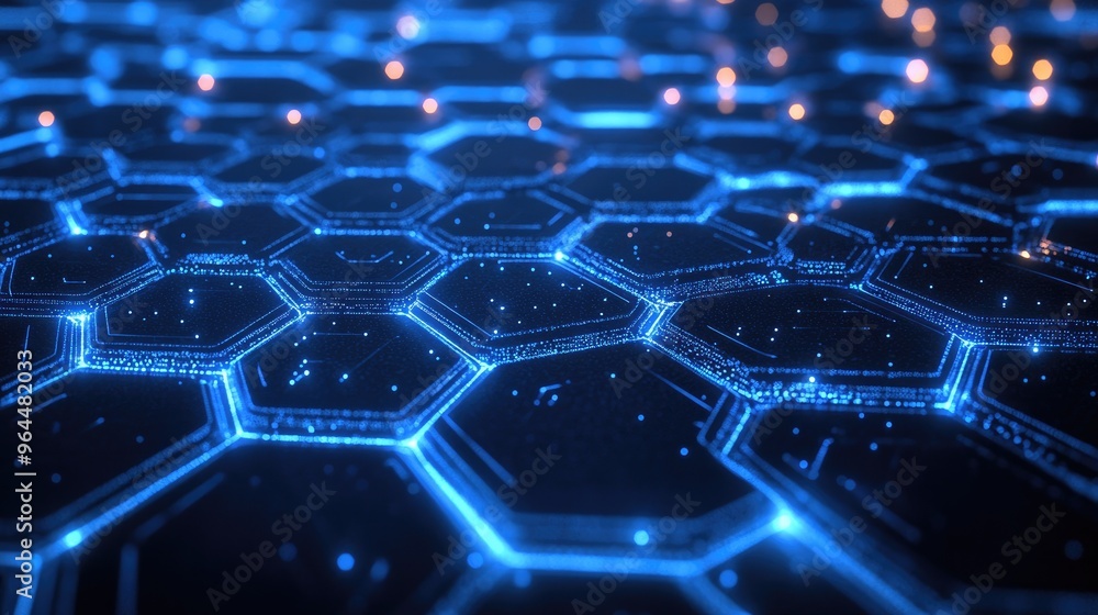 Aufkleber a tech-inspired background with glowing hexagonal patterns and abstract digital waves, evoking the c