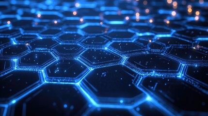 Obraz premium A tech-inspired background with glowing hexagonal patterns and abstract digital waves, evoking the concept of internet connectivity.