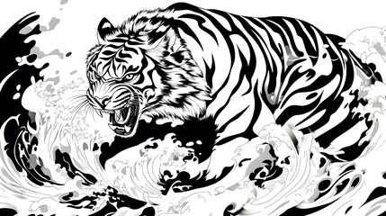 Chinese Zodiac Tiger in Black and White: A fierce tiger, illustrated in a bold black and white style, with sharp lines and dynamic poses capturing its agility and courage.
