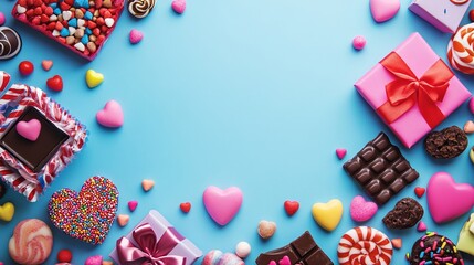 A colorful background with candy, gift boxes with bows, and chocolate hearts. There's room for text and a photo on top.