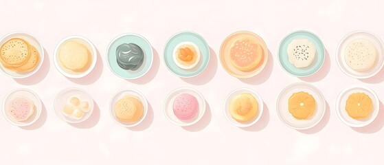 Flat vector art showing Chuseok foods like songpyeon and jeon neatly arranged on a traditional table setting. Muted pastel colors and soft shadows enhance the presentation