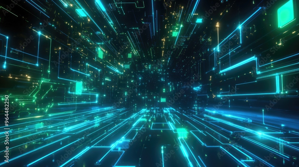 Poster abstract blue and green circuit patterns with light trails and digital nodes, representing internet 
