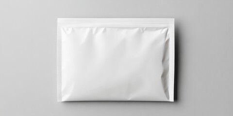 A white paper pouch with a zipper seal, laying flat on a simple grey background, with realistic texture