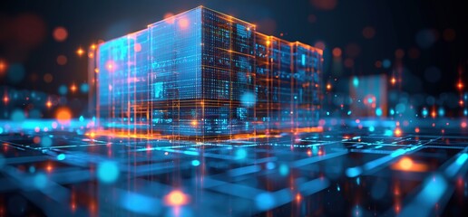 Fototapeta premium Abstract 3D rendering of a futuristic data center with glowing lights and lines, representing the concept of digital technology and data storage.