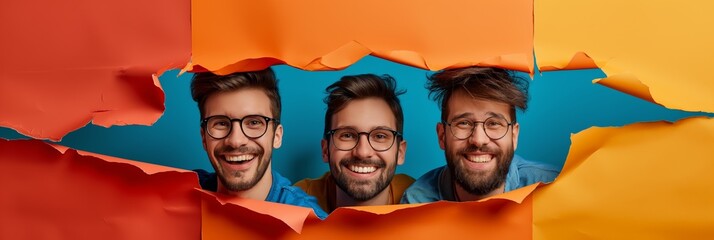 Friends smiling through colorful torn paper background, emphasizing joy and happiness, ideal for social media posts, friendship campaigns, and marketing materials.