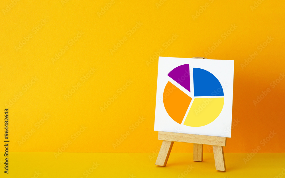 Poster statistics and financial analysis. pie chart or business graph on an easel on the orange background.