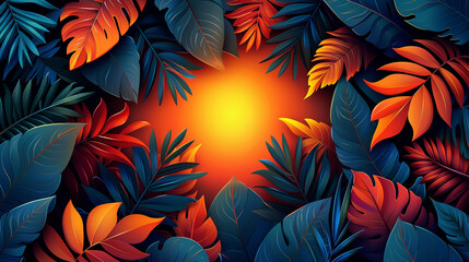 Vibrant Tropical Foliage with Warm Sunset Glow - Lush Leaves and Golden Light in Nature