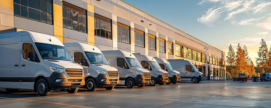 Row of white delivery vans parked in front of a large warehouse building. Concept of logistics, transportation, shipping, and distribution.